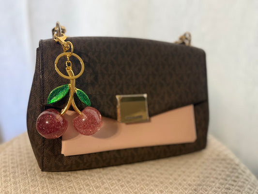 Cherry Bag Charm with Green leaf