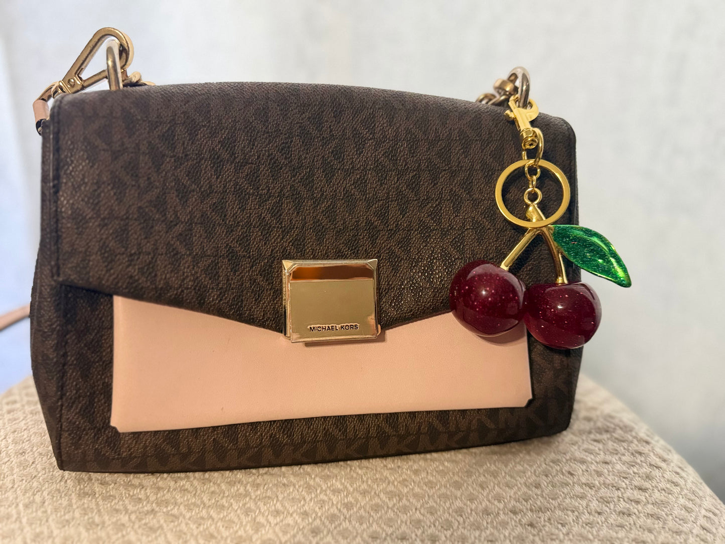 Cherry Bag Charm with Green leaf